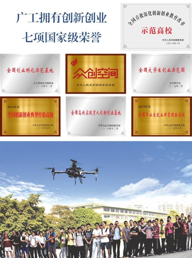 广工是广东省高校唯一获7项国家级创新创业荣誉称号的高校，建成“工大创谷”全省高校最大规模的创新创业孵化基地。